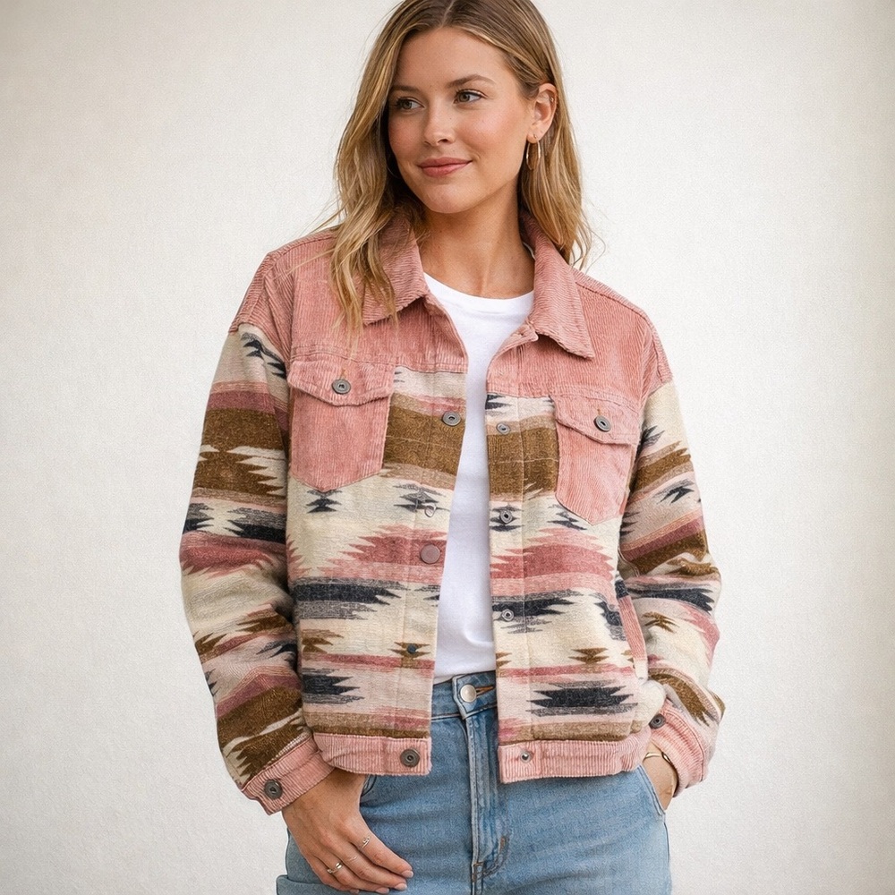 Umgee Pink and Brown Western Corduroy Jean Jacket